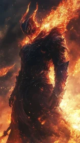 Flaming armored demon figure in dark inferno environment.
