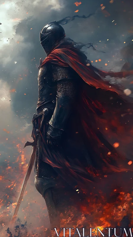 Armored knight in crimson cloak stands amid embers and smoke