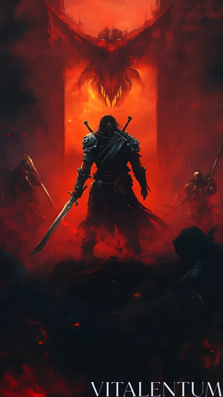 Armored warrior before demonic figure in fiery landscape.