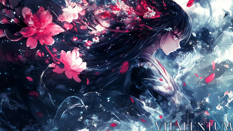 Whispering blossom sorceress adrift in swirling midnight petals.