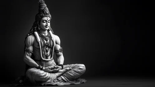 Serene stone yogi sculpted in moonlit monochrome calm.