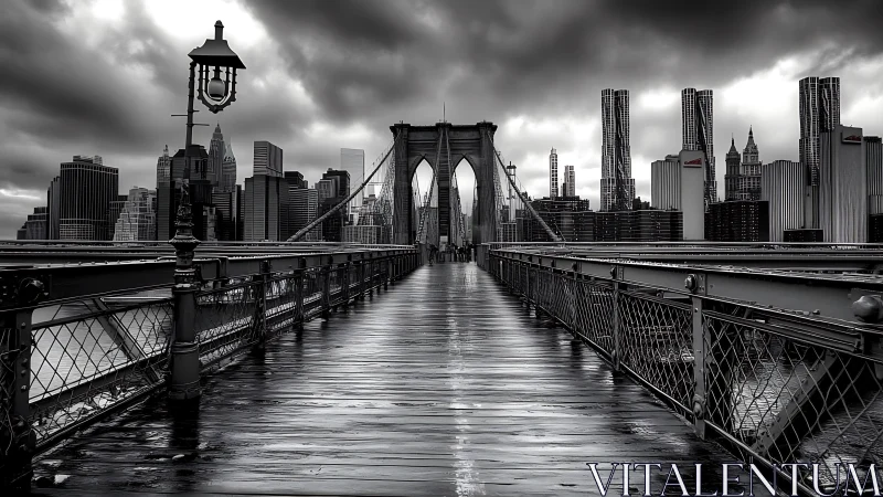 Stormy Brooklyn Bridge walkway reflects dramatic skyline.