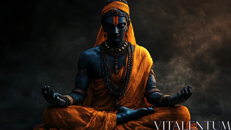 Midnight blue deity in saffron robes holding quiet thunder.
