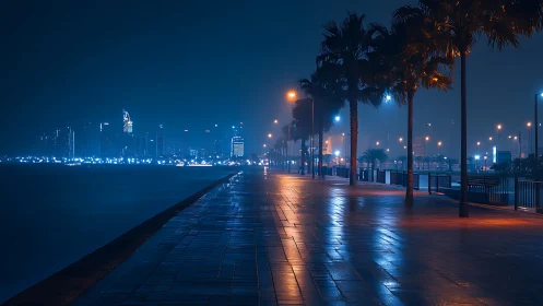 Waterfront promenade under blue night city glow.