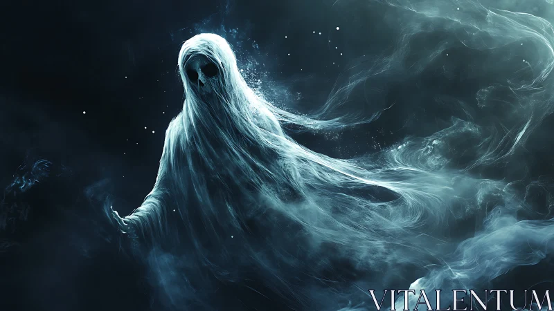 Translucent spectral figure in swirling dark environment.