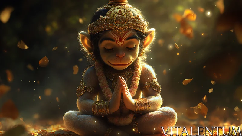 Peaceful baby Hanuman in golden forest meditation glow.