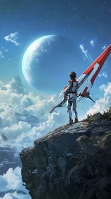 Solitary exosuited explorer overlooking distant blue world.