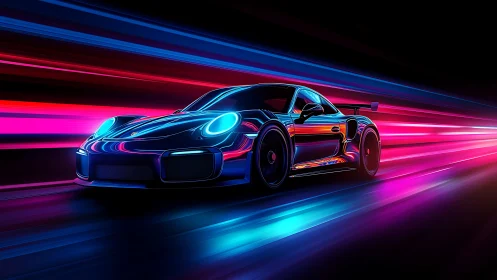 Neon sports car cuts through luminous speed trails at night
