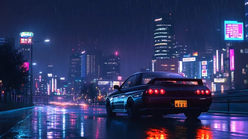 Retro sports coupe in neon‑lit rainy megacity streetscape.