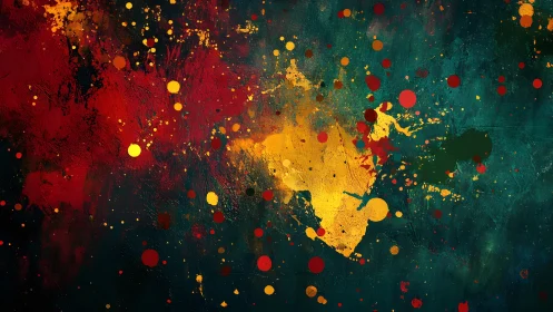 Vibrant Abstract Splatter Art with Red, Yellow, and Teal Tones.