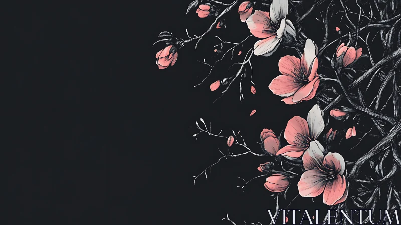 Floral branches with blossoms on dark background.