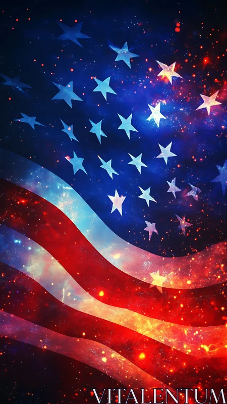 American flag glows with cosmic sparks in a vivid night sky