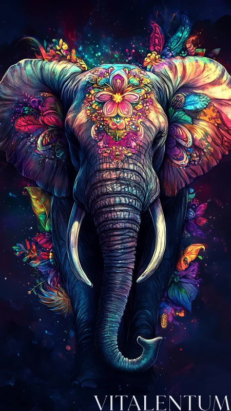 Floral neon elephant portrait with luminous abstract blooms.