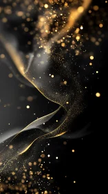 Gold particle trails curve diagonally across dark backdrop