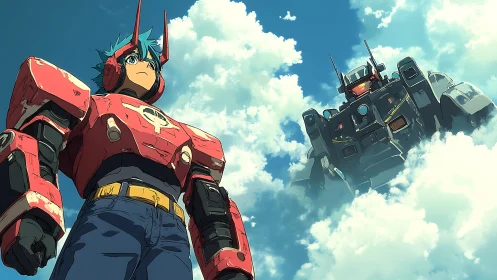 Skybound pilot and towering mecha challenge the clouds.