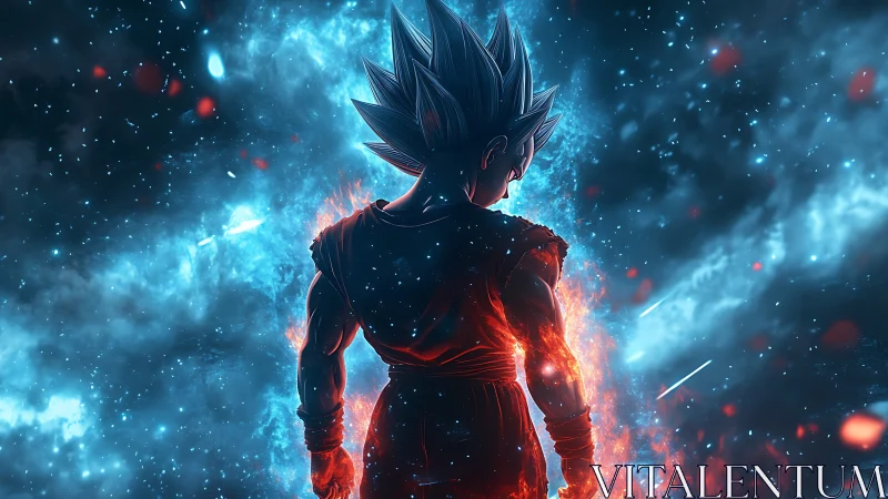 Digital anime warrior in cosmic energy field composition.