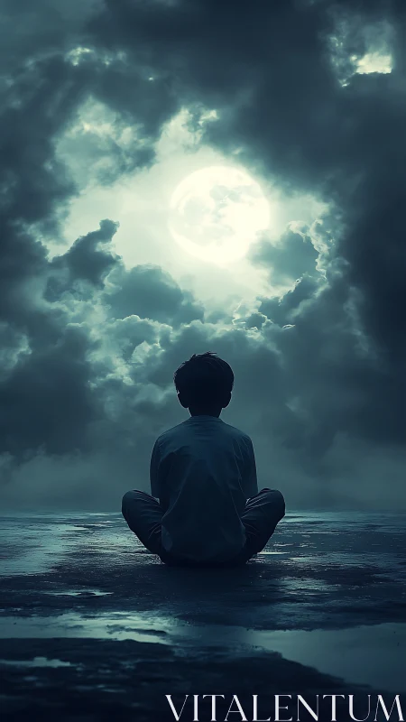 Moonlit child in contemplative silence beneath storm clouds.