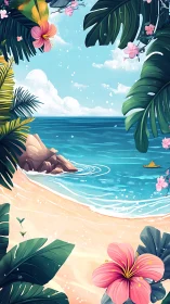 Tropical Paradise Beach Scene with Pink Flowers and Calm Waters