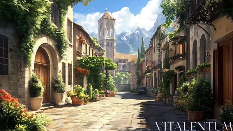 Quiet Mediterranean street with tower and distant mountains.