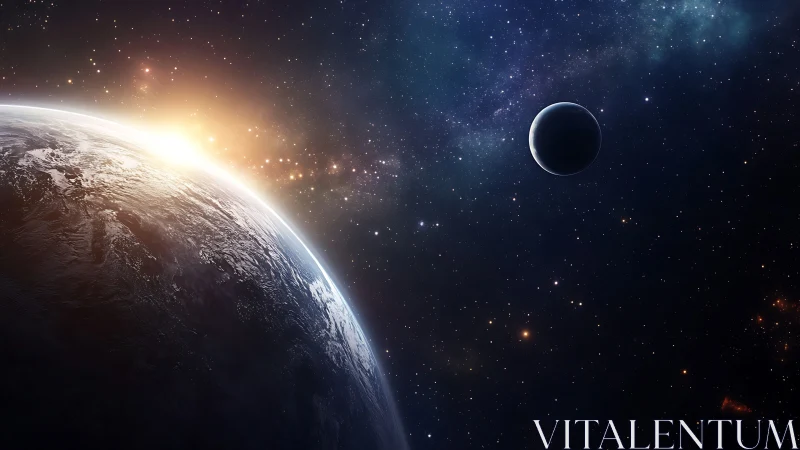 Planet surface with sunrise and distant moon in space