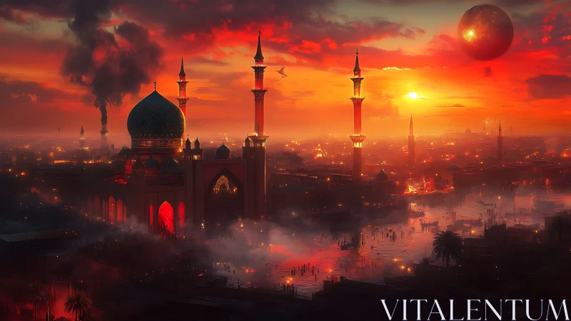 Futuristic mosque skyline under red sunset and twin moons.
