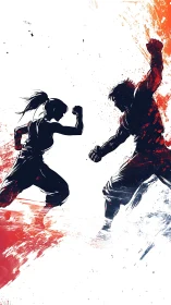 Silhouetted fighters collide in a storm of red and white ink