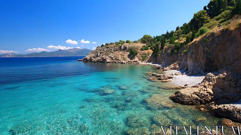 Coastal cove with crystalline shallows under high-noon sunlight