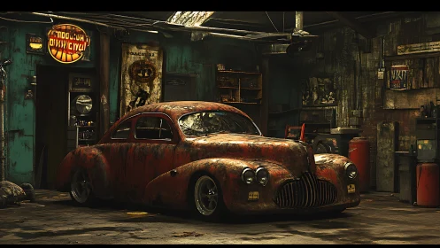 Rust-drenched classic dreaming in a dim junkyard chapel.