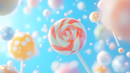 Whimsical swirl lollipop and candy pops in dreamy pastel scene.