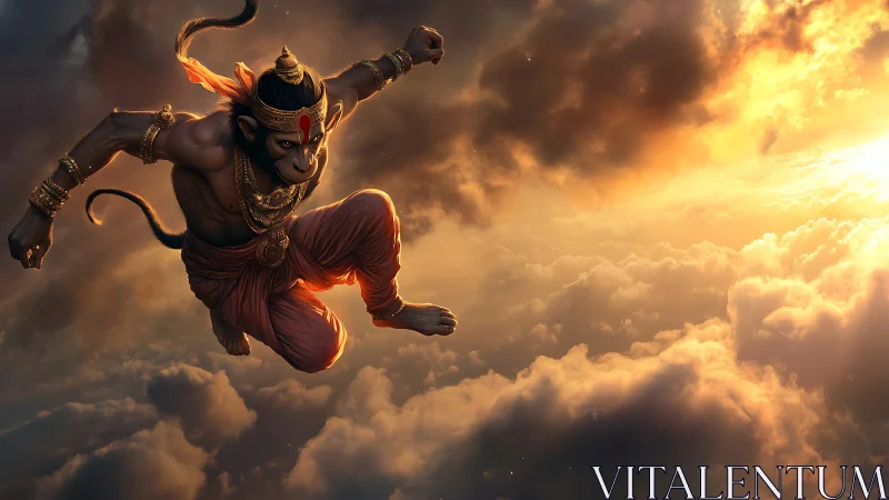 Divine simian warrior soars through blazing sunset clouds.