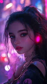 Neon-lit cybernetic street portrait with chromatic bokeh glow.