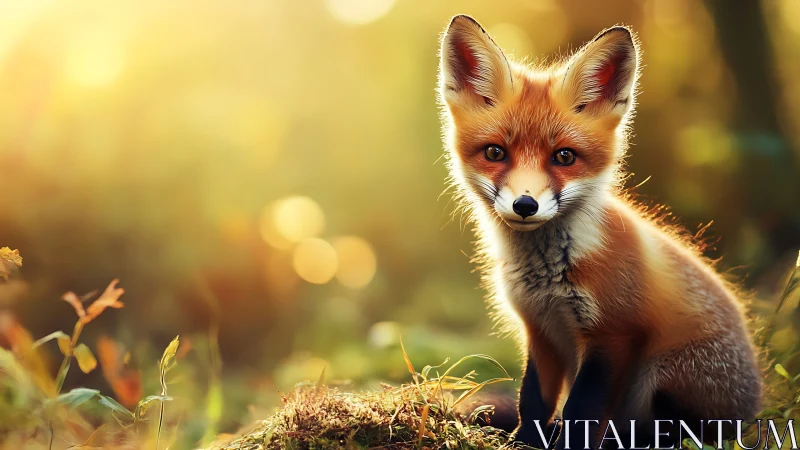 Sunlit woodland foxlet pausing in a golden hush of dawn.