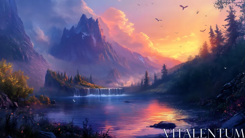 Sunset waterfalls beneath violet mountains and quiet sky.
