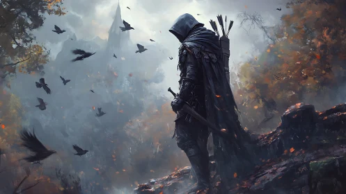 Dark ranger on cliff in misted forest environment design.