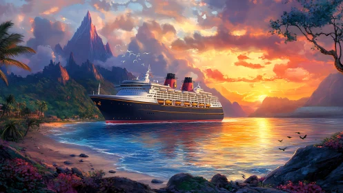 Cruise ship near tropical island at vivid sunset glow.