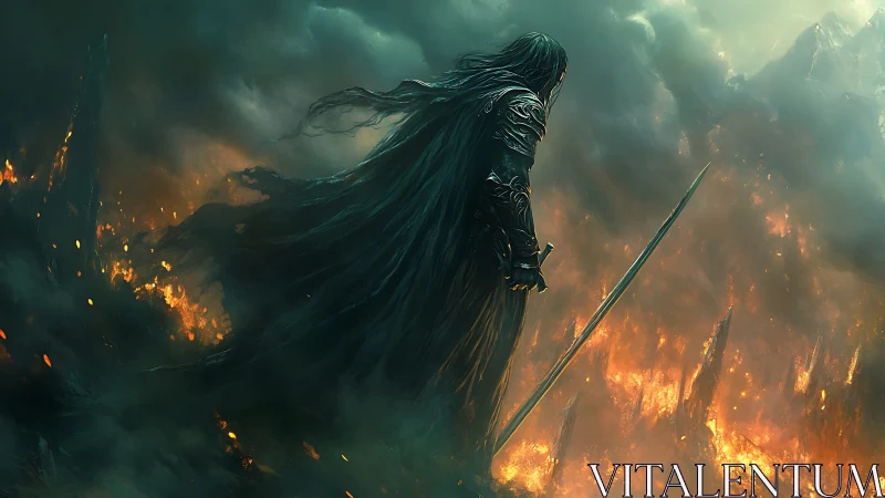 Armored dark figure with sword overlooking burning landscape.