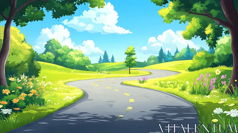 Sunlit country road curls through cartoon-bright meadows