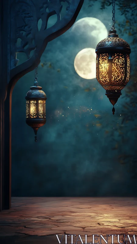 Moonlit arabesque lanterns over tranquil stone terrace.