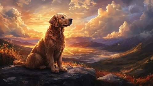 Golden retriever quietly enjoys a glowing mountain sunset