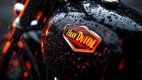 Rain-soaked black motorcycle tank with neon orange emblem glow.