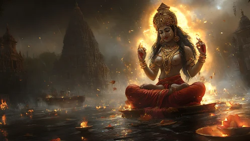 Golden river goddess in a storm of floating temple lanterns.