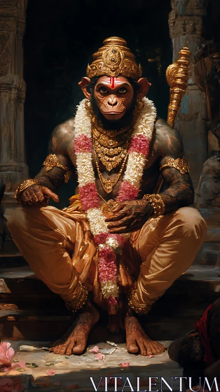Regal monkey deity seated in ornate temple setting.