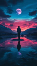 Solitary figure aligns with dual moons in neon dusk landscape