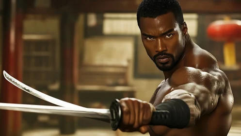 Martial artist with dual katanas in warm dojo interior light