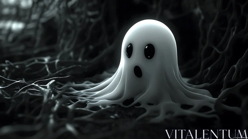 Cute glowing ghost rests amid dark tangled roots at night.