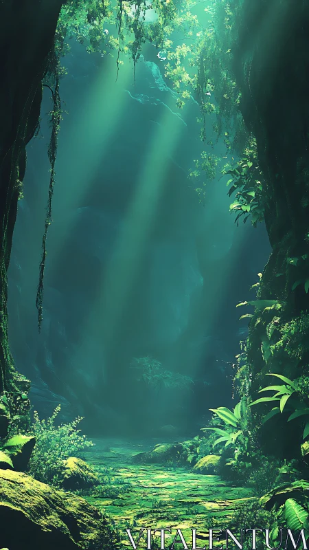 Enchanted Cavern with Bioluminescent Moss and Verdant Undergrowth