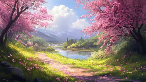 Blossoming riverside path leads toward distant snow mountains