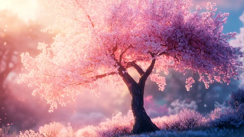 Cherry blossom tree rendered with soft bokeh and volumetric light
