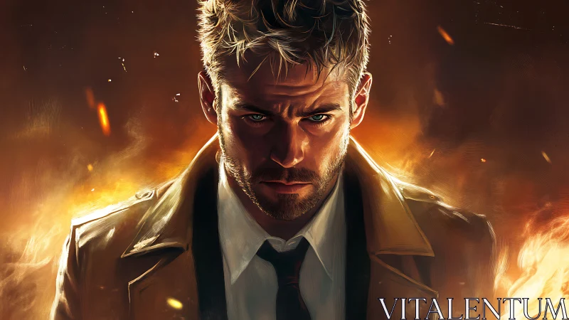 Brooding trench‑coat hero stands amid blazing cinematic fire