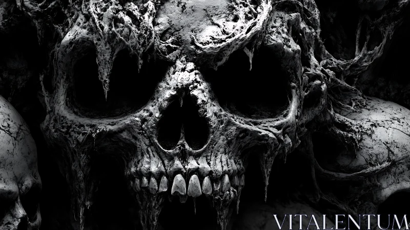 Central eroded skull structure is rendered in dense monochrome